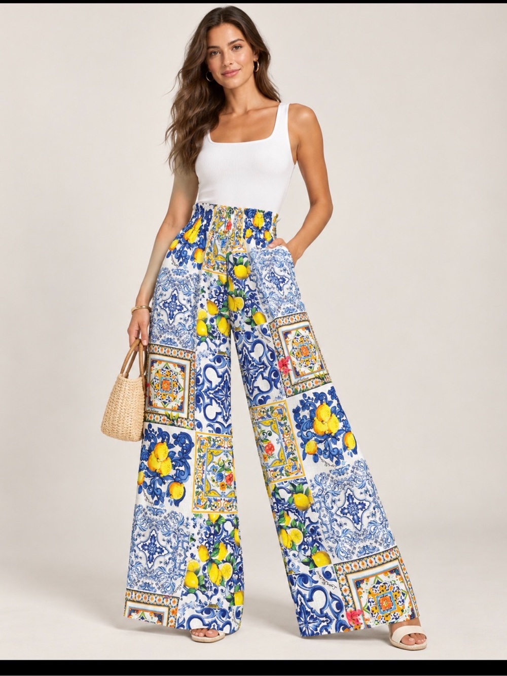 NWT Luisa Positano 100% Linen Lemon Tile Print High Waist Wide Leg Pants Italy